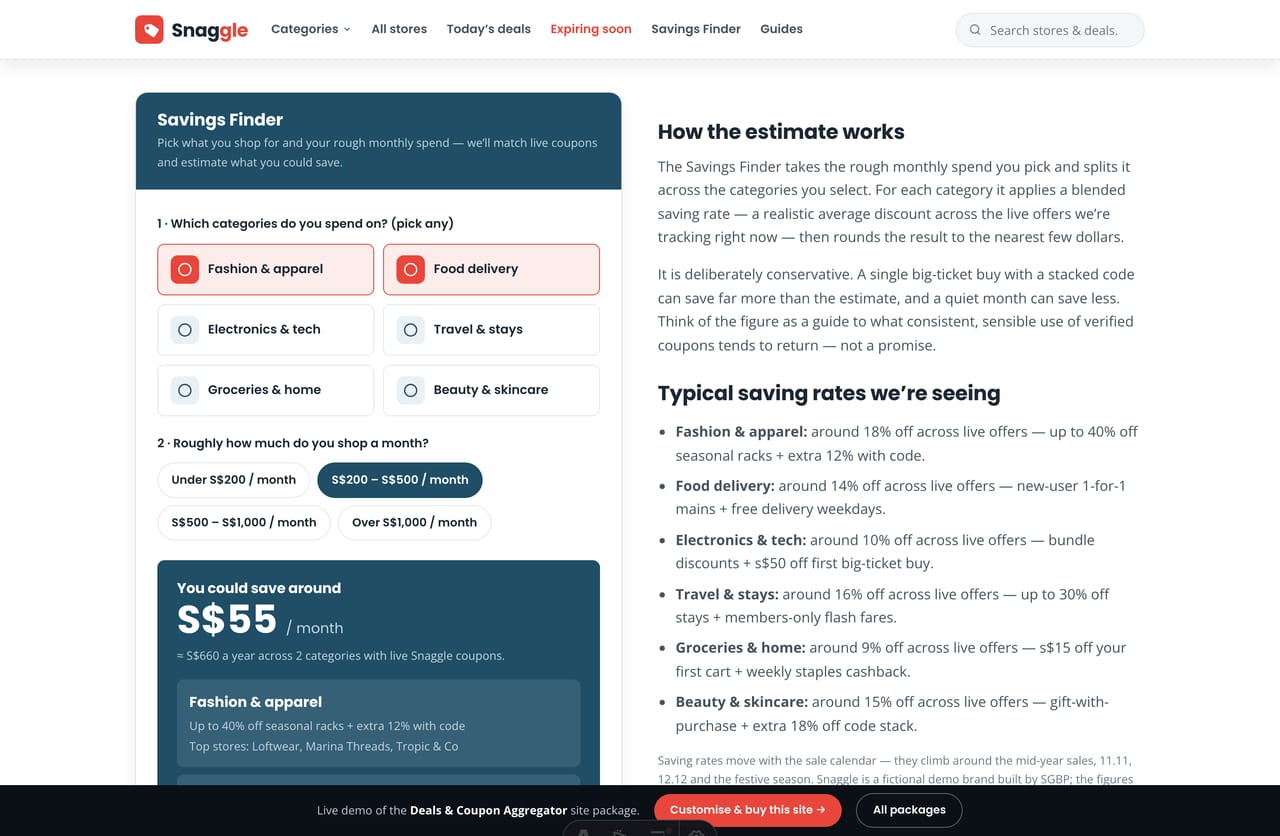 Savings Finder tool estimating a monthly saving on a Singapore deals website