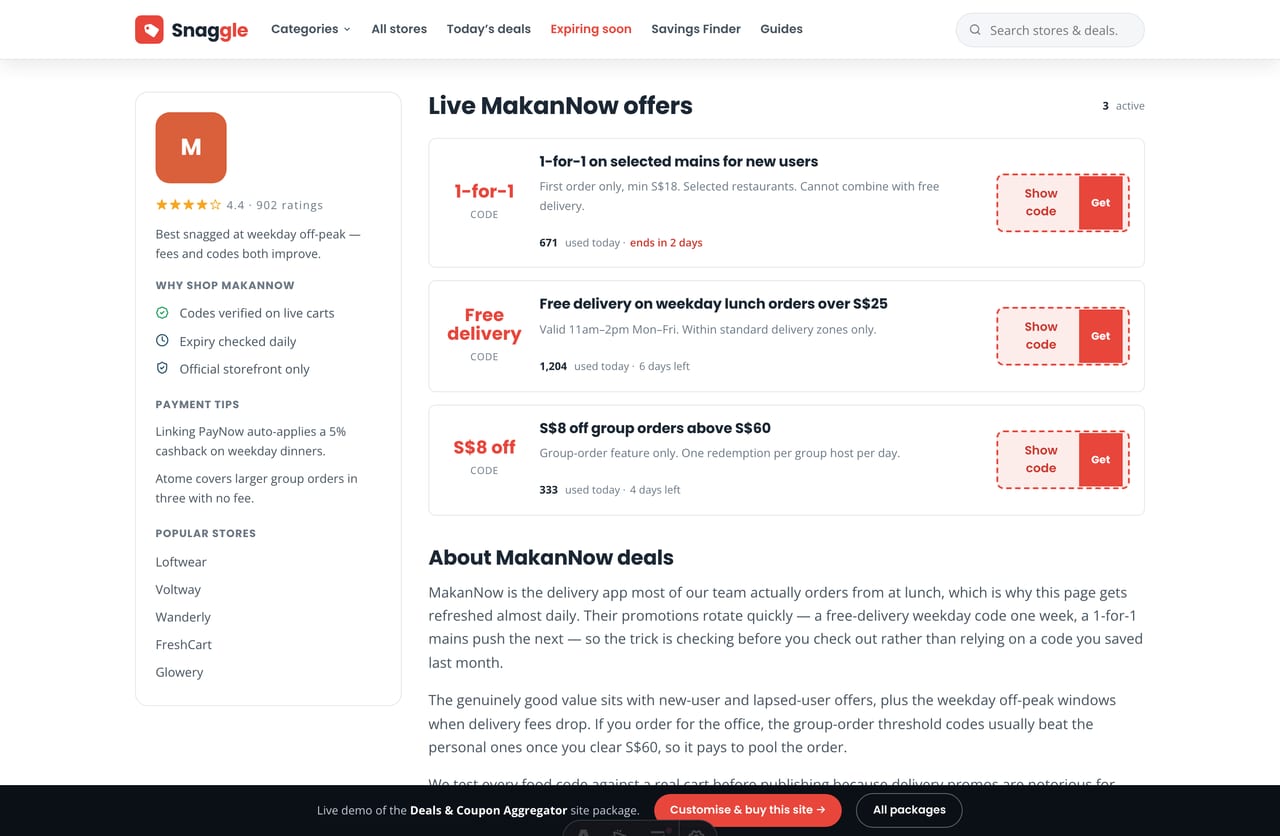 Offer rows with percent-off badges and reveal-code buttons on a store page