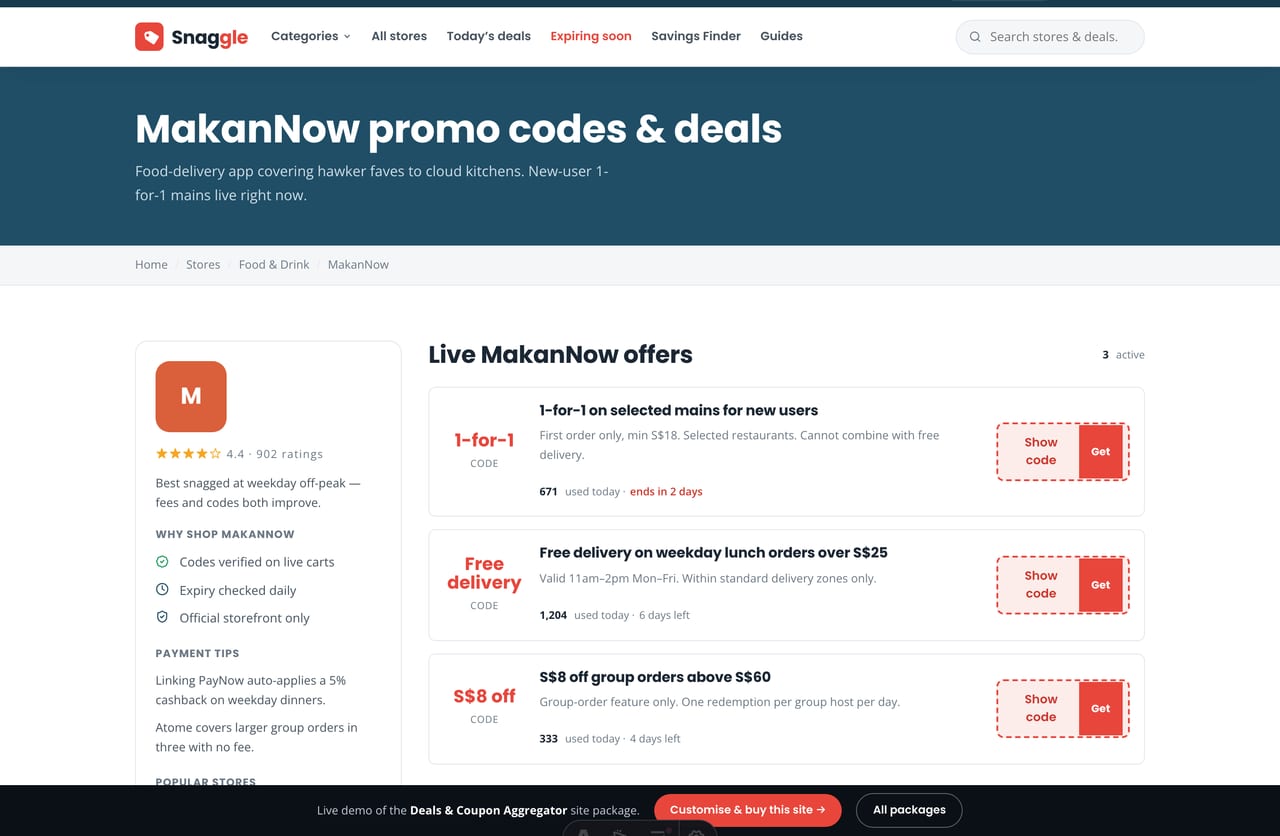 Store page with sticky sidebar and code-reveal offer rows on a deals site