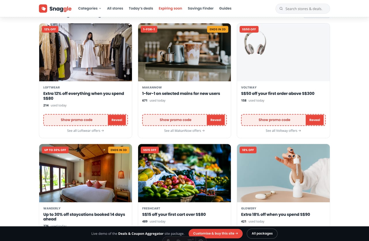 Trending deal cards with code-reveal buttons on a Singapore coupon website