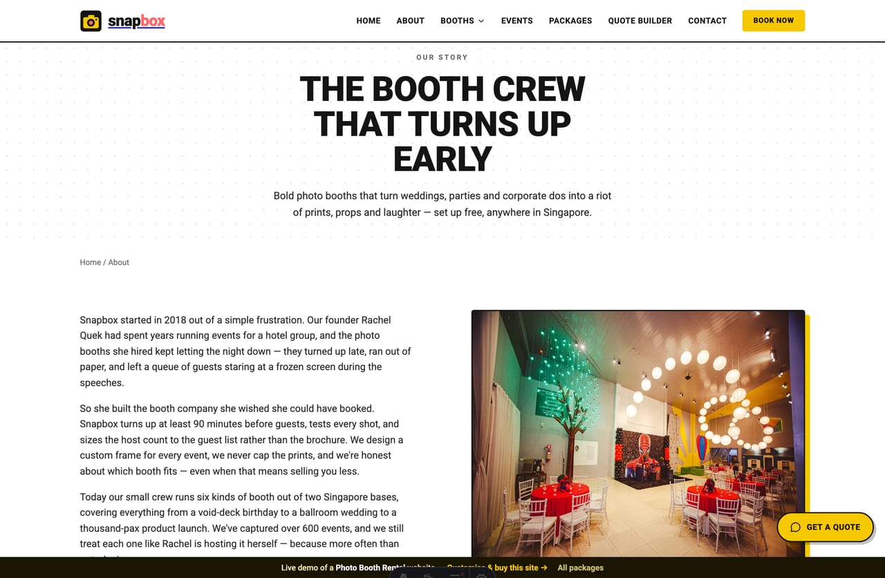 The About page for a Singapore photo-booth rental brand — founder story, the crew and the on-time-setup promise