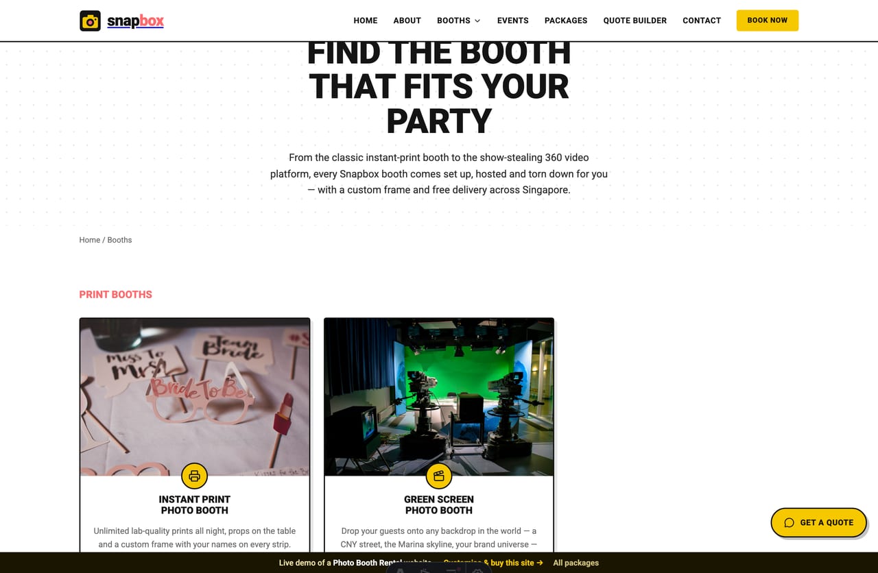 Booths listing page on the Snapbox demo — instant print, 360 video, green screen, GIF, roving and luxury booths grouped by category