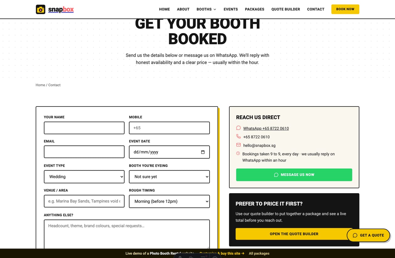 Book & contact page on the Snapbox demo — a PDPA-aware booking-request form with event type, booth and date selection, no cart