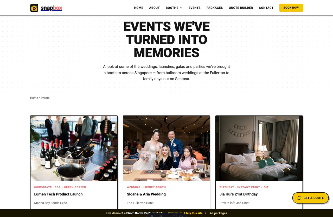 Featured events gallery on the Snapbox demo — weddings, corporate launches, galas and birthdays with venue and booth tags