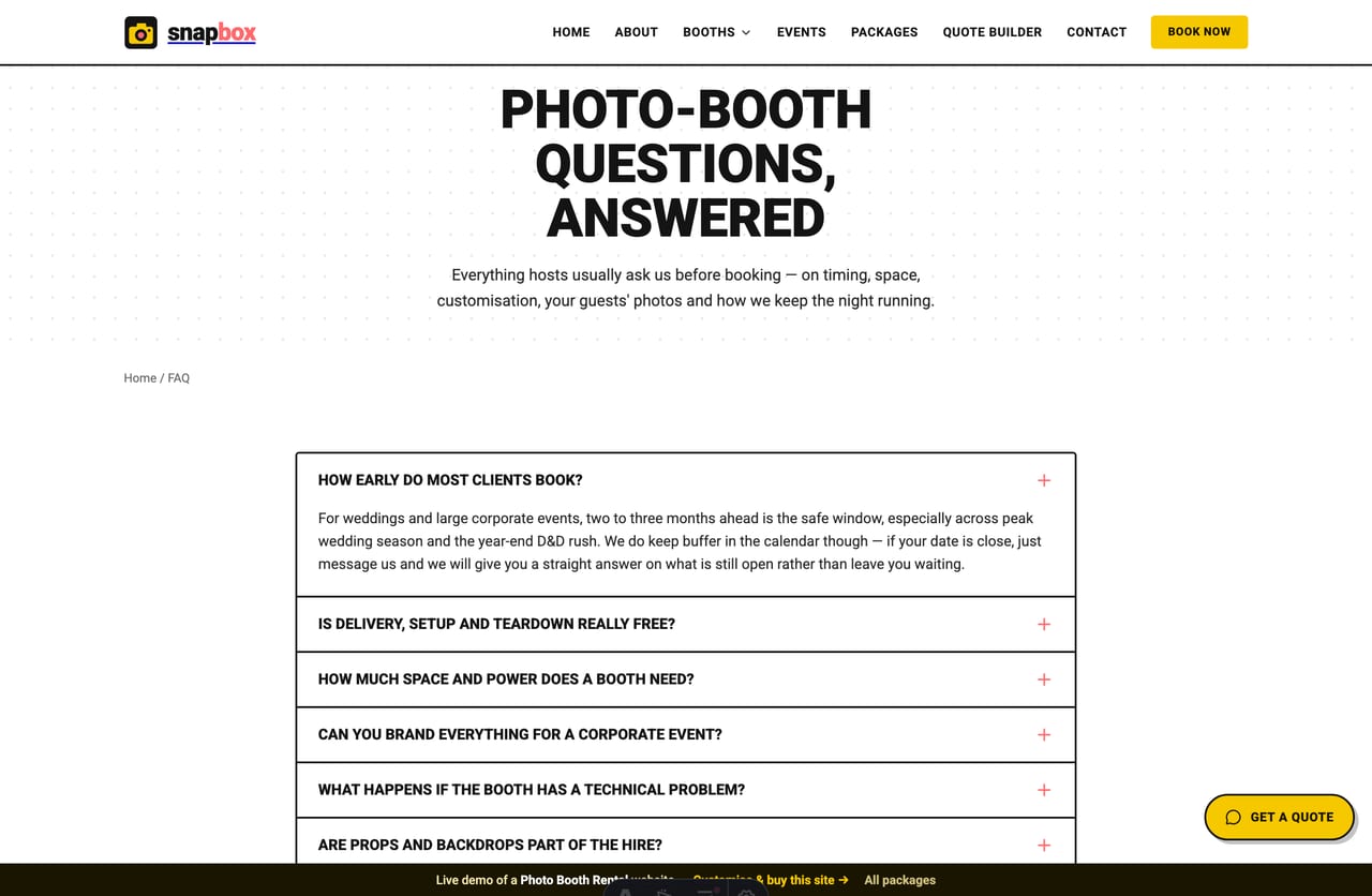 FAQ page on the Snapbox demo — an accordion of common questions about booking lead time, space, customisation and guest photos