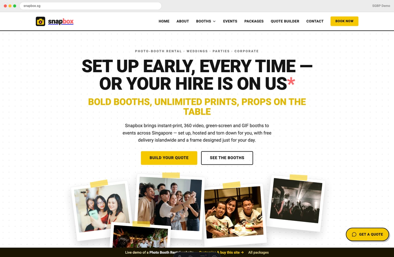 Snapbox photo-booth rental Singapore website homepage demo — a bold yellow polaroid-collage hero, booth-type grid and party energy