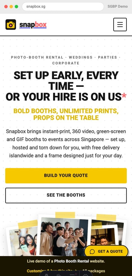 The Snapbox photo-booth-rental website on mobile — polaroid hero and a sticky Get-a-quote pill at 430px
