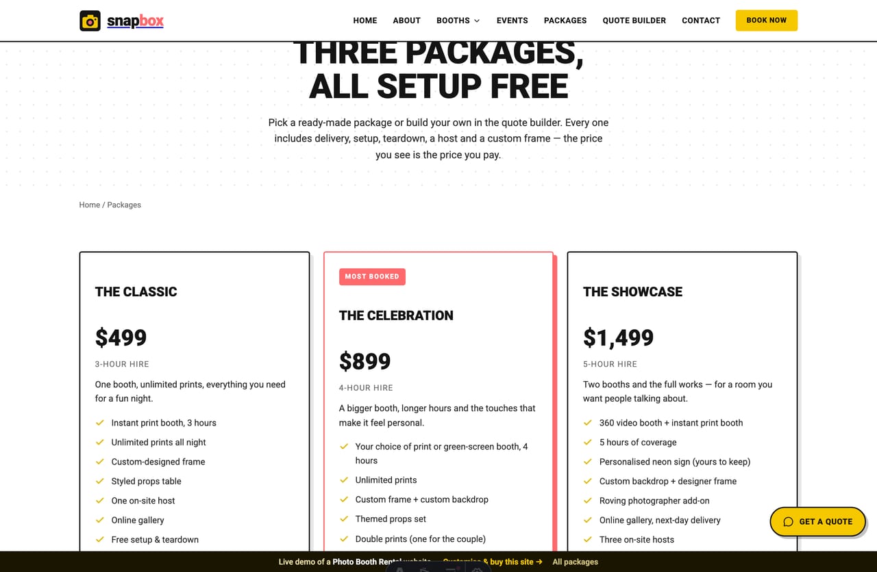 Packages & pricing page on the Snapbox demo — three named photo-booth packages as reservation cards with inclusions and prices, no cart