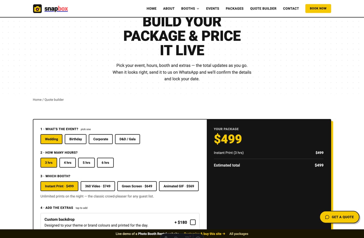 The interactive Package & Quote Builder on the Snapbox demo — pick an event, hours, booth and add-ons for a live package price