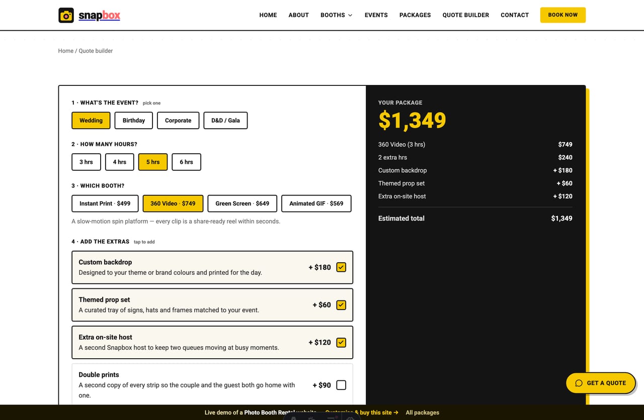 Package & Quote Builder result on a Singapore photo-booth site — a live SGD total that grows as add-ons are picked, with a WhatsApp booking CTA