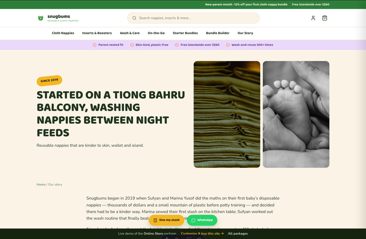 About and brand-story page for a Singapore cloth-nappy brand started by parent-founders