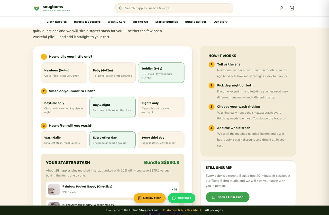 Interactive Diaper Starter Bundle Builder on the Snugbums Singapore cloth-nappy store