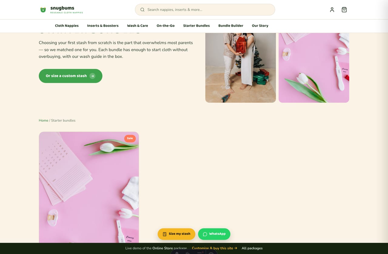 Starter-bundles page on the Singapore cloth-nappy store demo with ready-matched kits