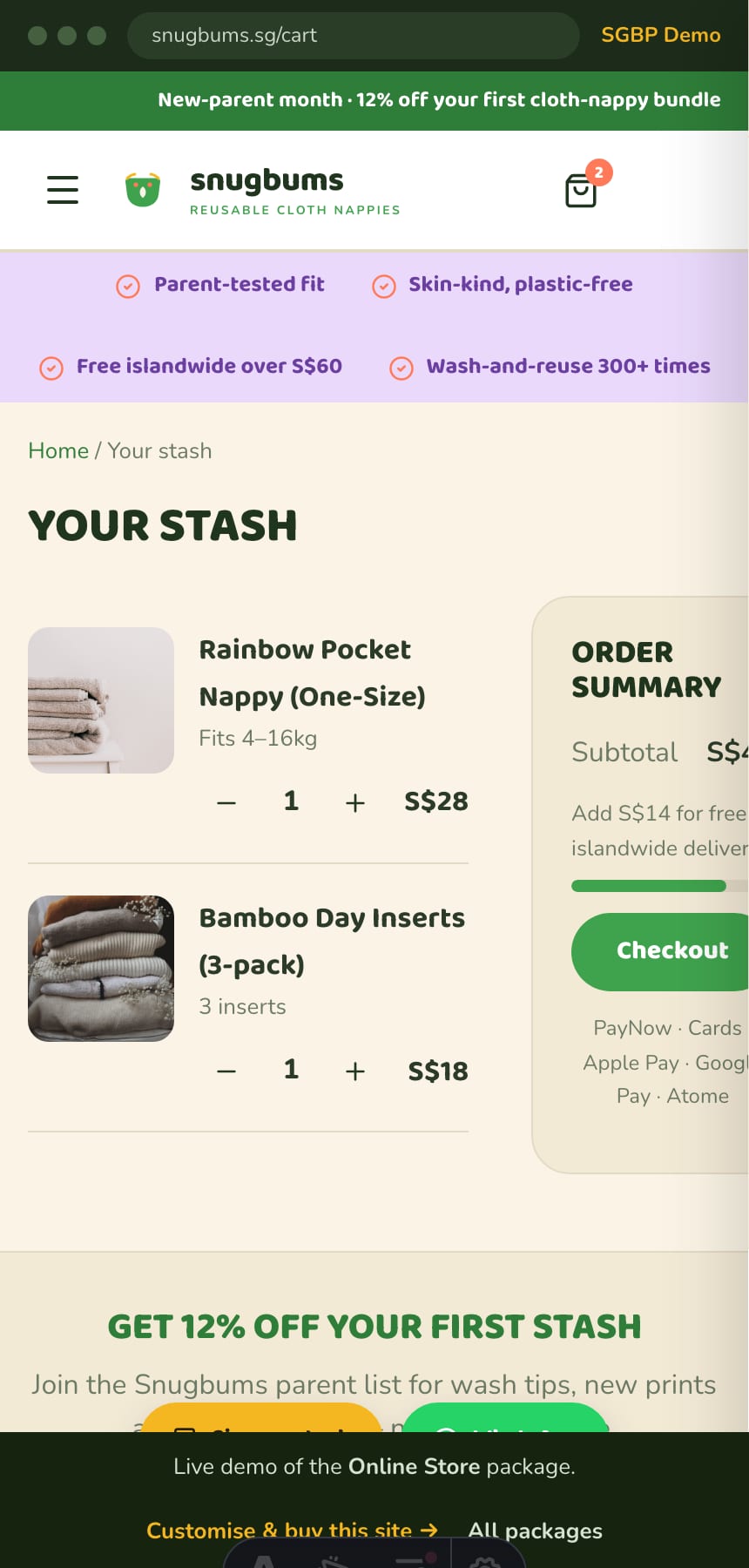 Slide-out cart drawer with a free-islandwide-delivery progress bar on the Singapore cloth-nappy store