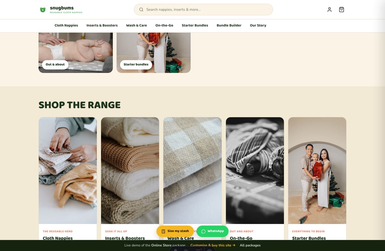 Shop-the-range category cards for a Singapore cloth-nappy store — nappies, inserts, wash care, on-the-go and starter bundles