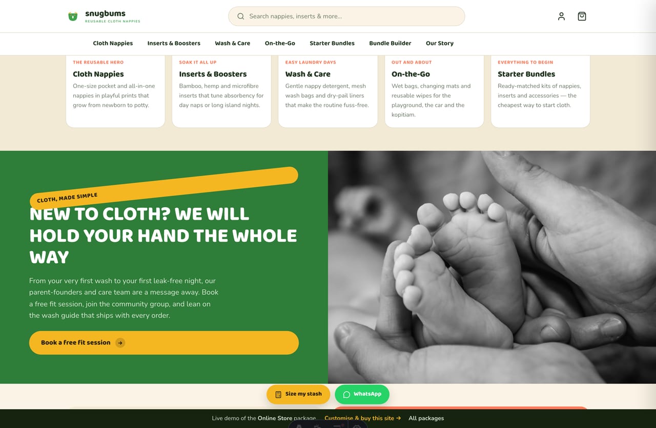Green community band on the Snugbums cloth-nappy store offering free fit sessions and a parent community