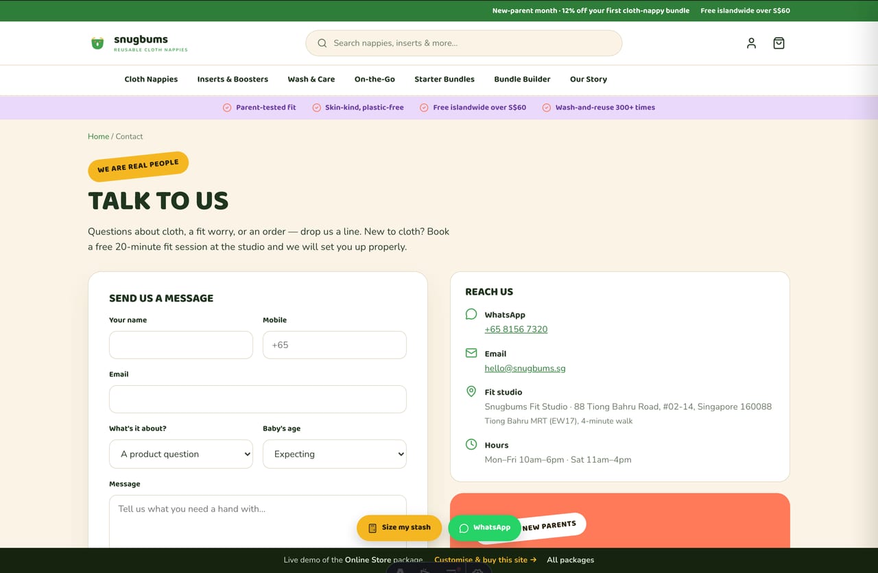 Contact, fit-studio and WhatsApp page on the Snugbums cloth-nappy store demo