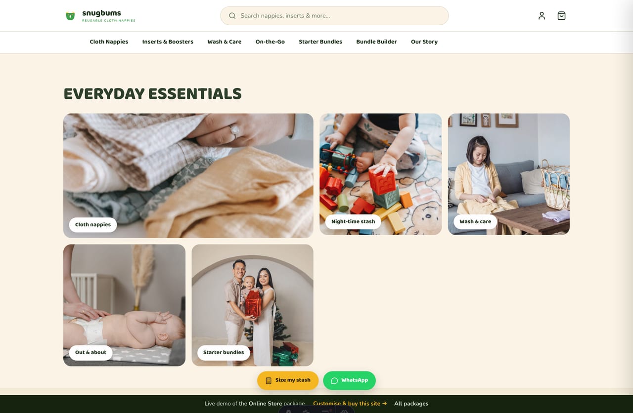 Everyday-essentials image-tile collage on a Singapore cloth-nappy store — nappies, night stash, wash care and on-the-go