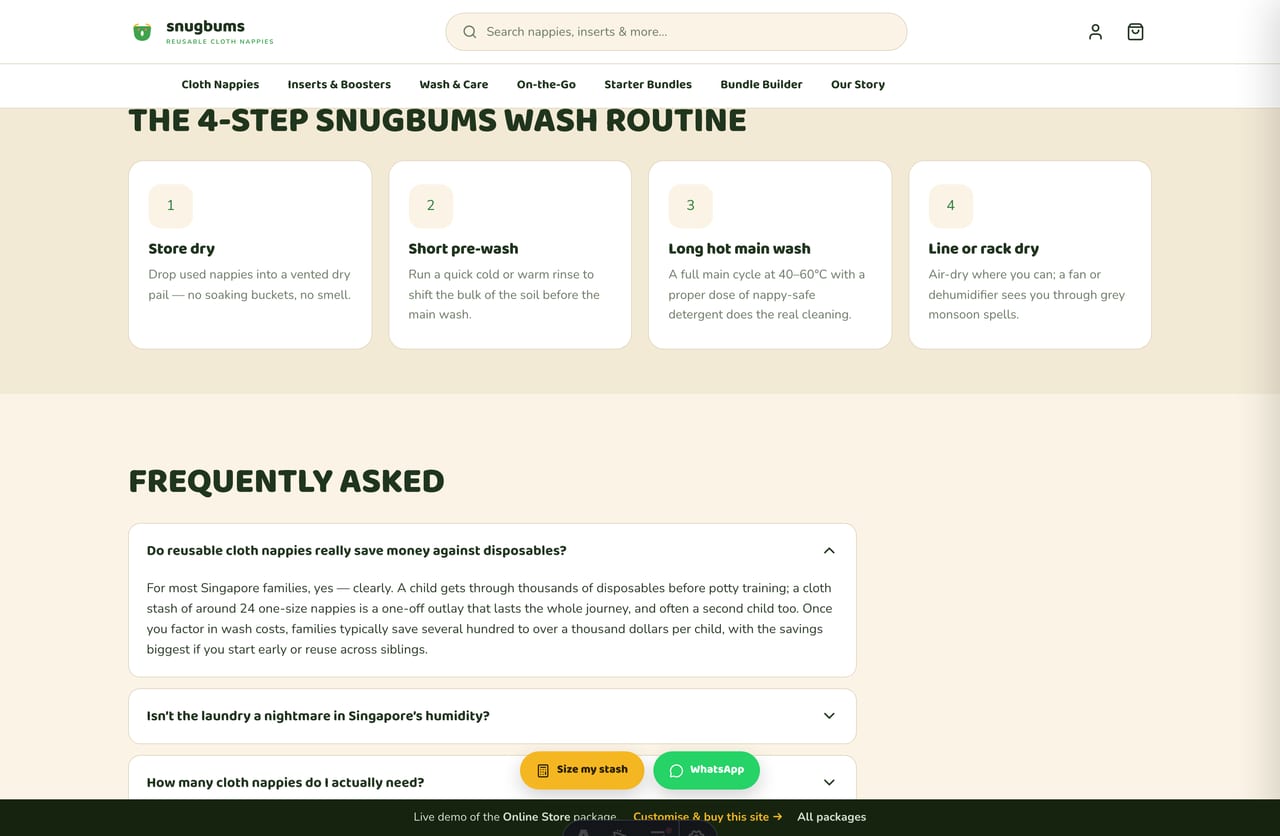 FAQ and wash-guide page on the Snugbums cloth-nappy store with the 4-step wash routine