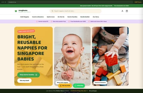 Snugbums reusable cloth-diaper online store homepage demo — bright 3-panel hero collage, promo strip and islandwide-delivery promise (Singapore)