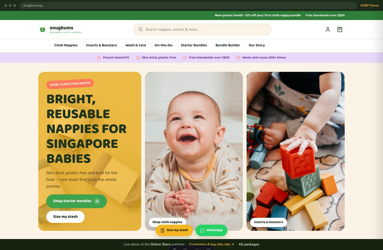 Snugbums reusable cloth-diaper online store homepage demo — bright 3-panel hero collage, promo strip and islandwide-delivery promise (Singapore)