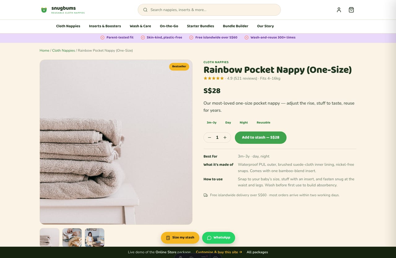 Cloth-nappy product detail page with image gallery, fit guidance, materials and add-to-cart