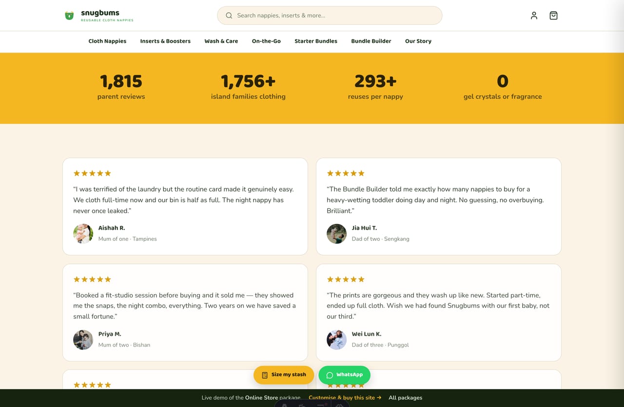 Singapore parent reviews and star ratings on the Snugbums cloth-nappy store website