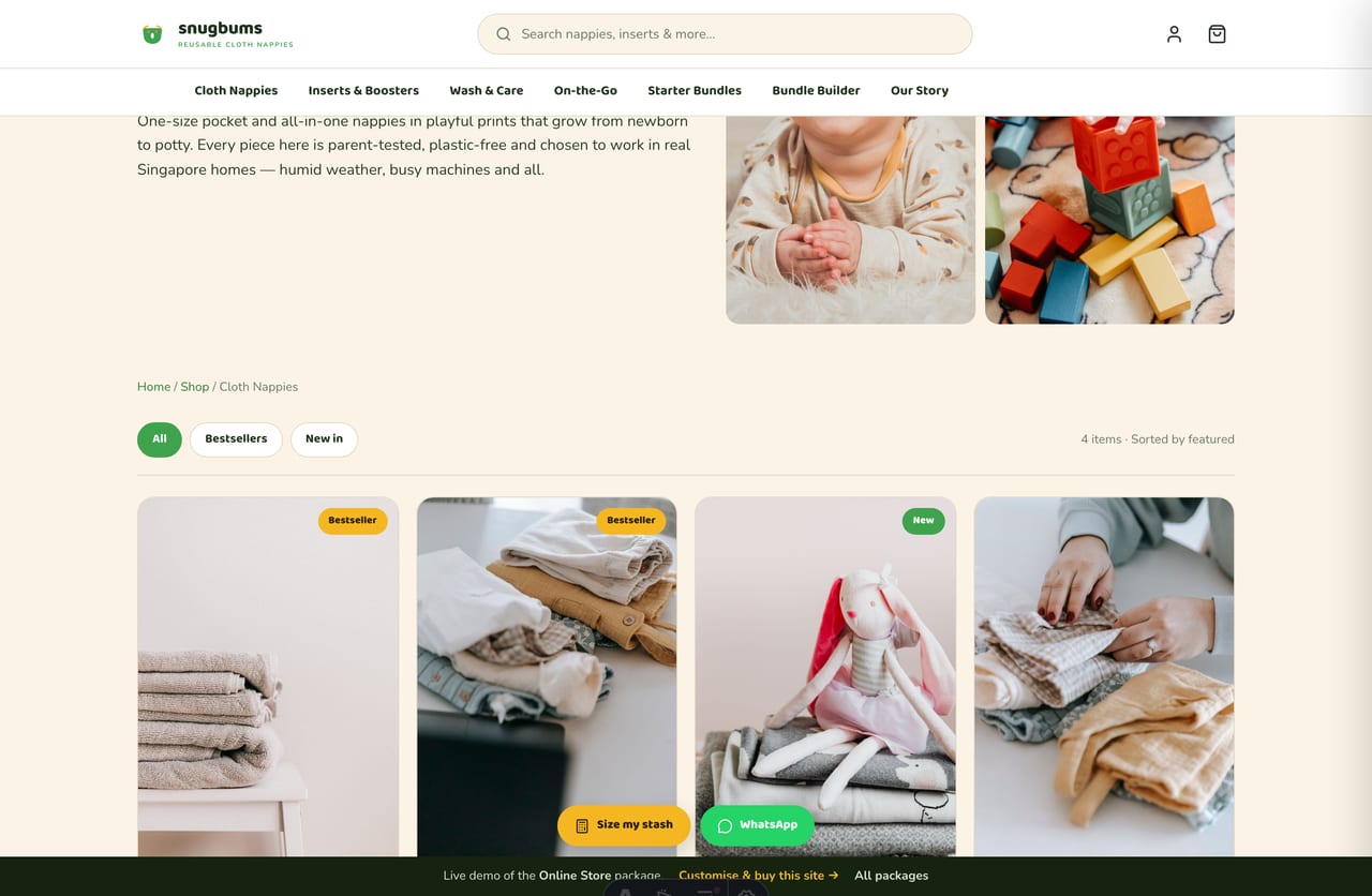 Cloth-nappy collection page with a filterable product grid, sale badges and SGD pricing