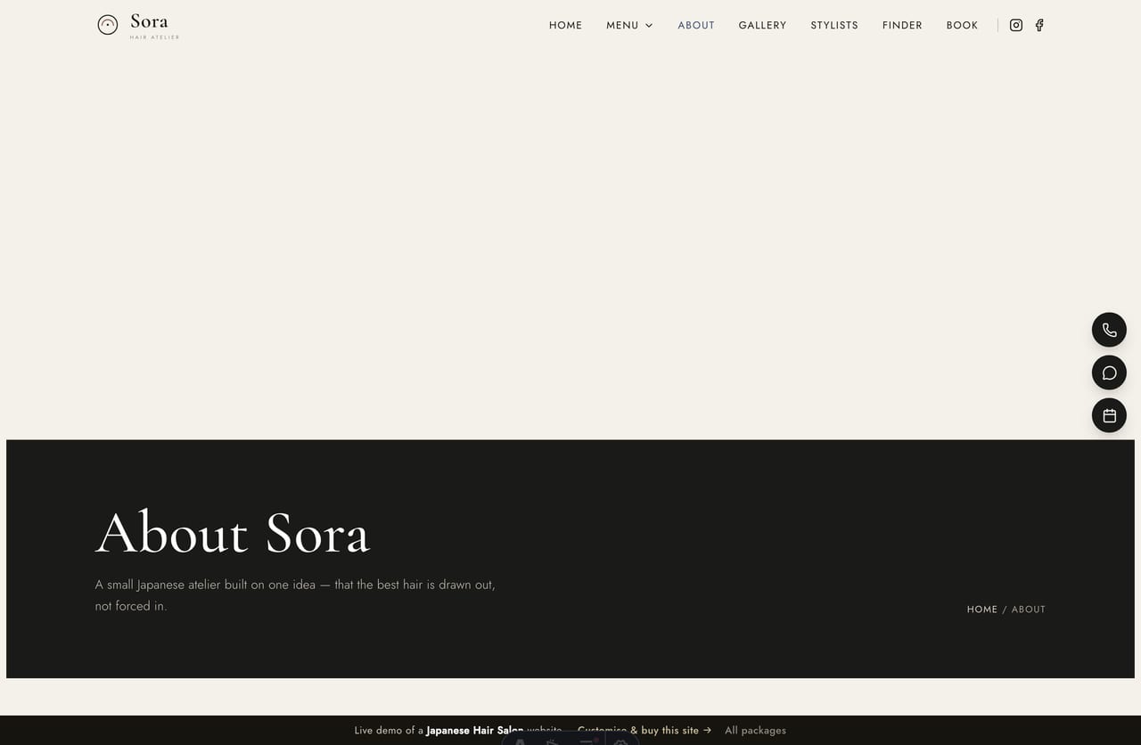 The About page for a Singapore Japanese salon — founder story, stats band and the atelier