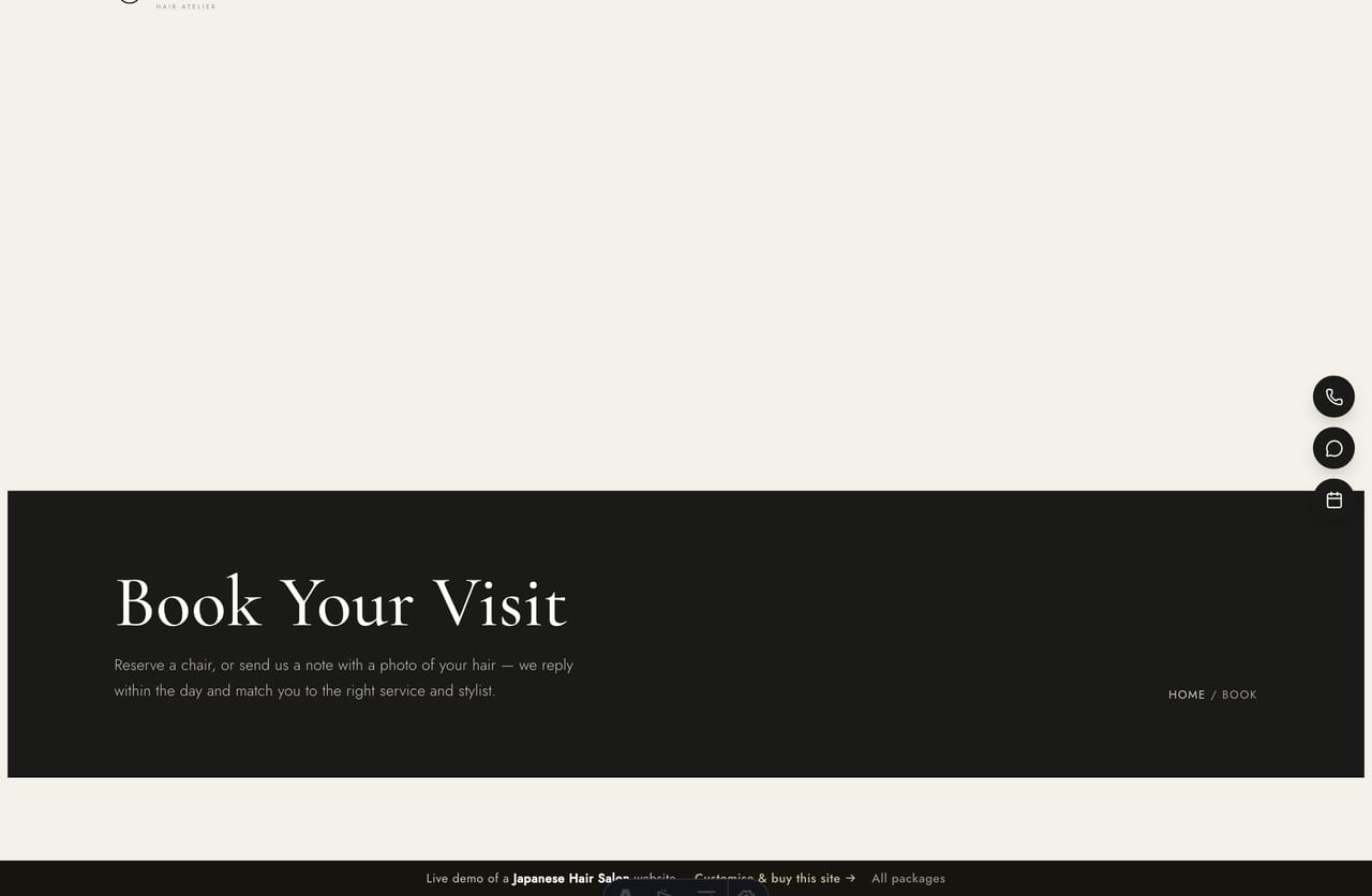 Book-a-visit page on the Sora demo — a PDPA-aware appointment form with service, length and time, plus direct channels