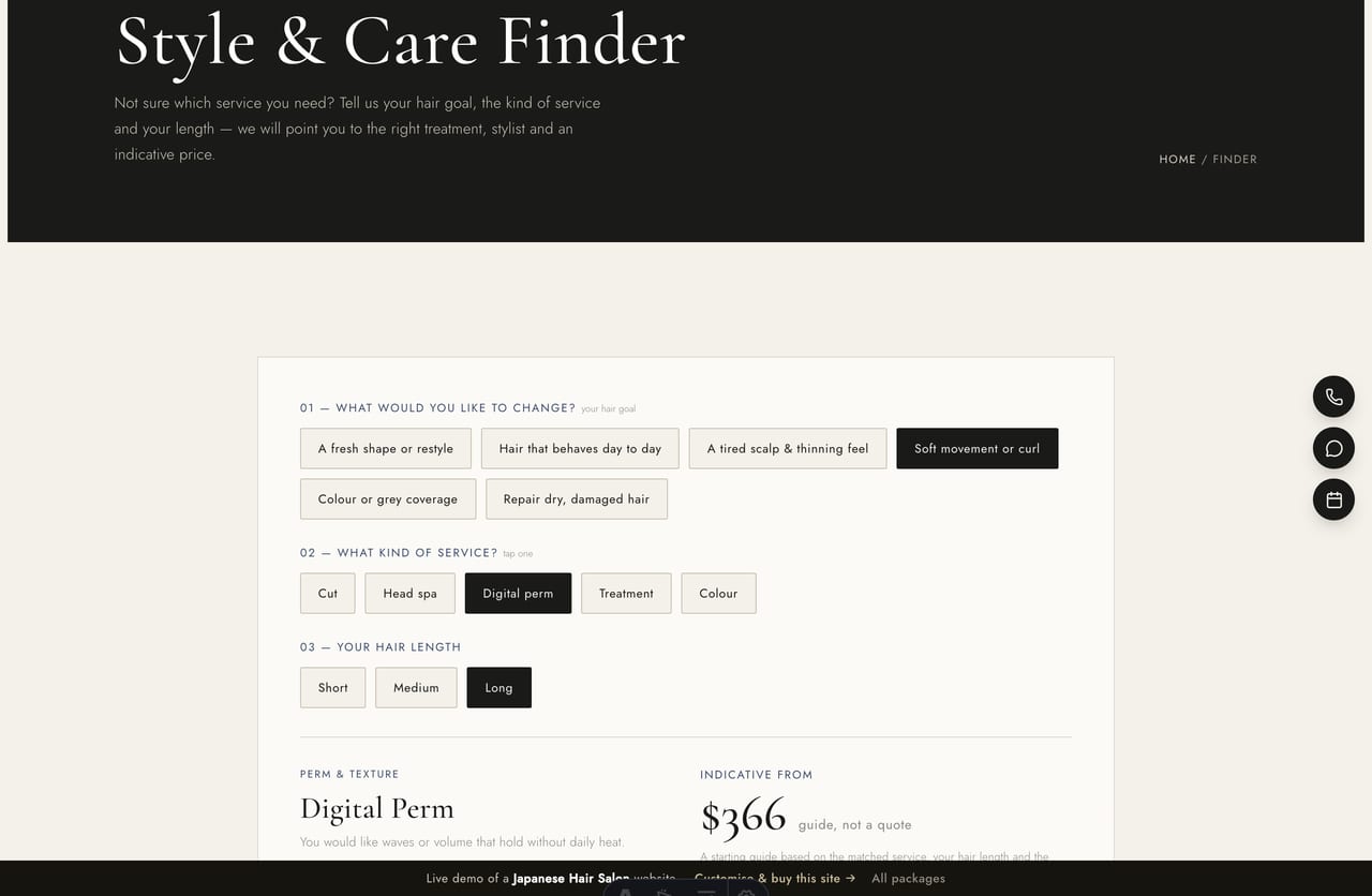 Style & Care Finder result on a Japanese salon site — a matched service, recommended stylist tier and indicative price with a book CTA
