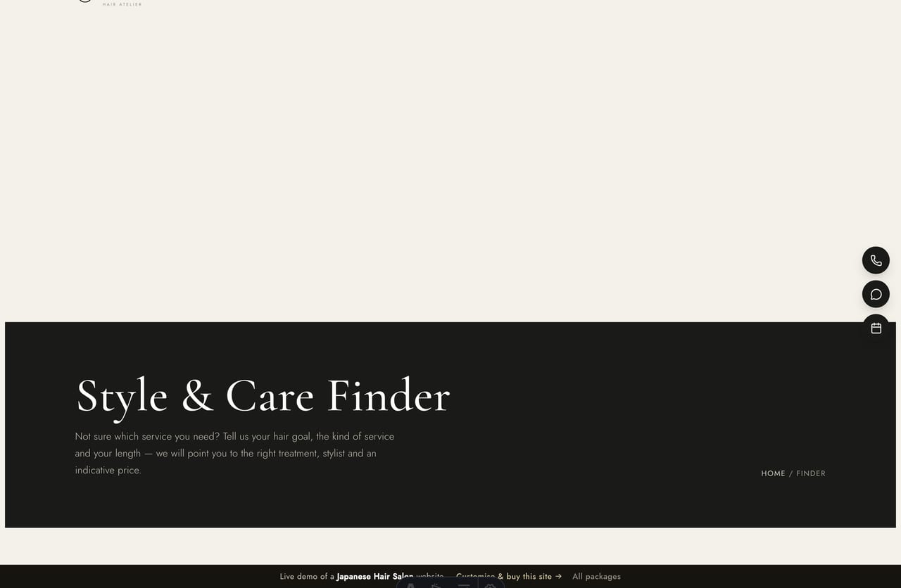 The interactive Style & Care Finder on the Sora demo — pick a hair goal, a service type and your length to see a matched service, stylist tier and indicative price