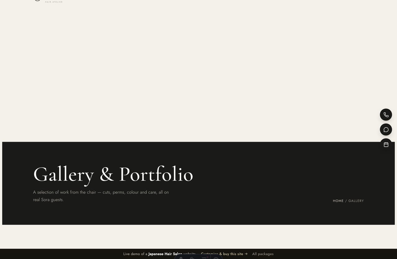 Gallery page on the Sora demo — a filterable masonry portfolio of cuts, colour, perm and care work