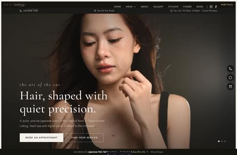 Sora Japanese hair salon Singapore website homepage demo — a bone and sumi-charcoal minimalist site with a full-bleed editorial portrait hero and the Style & Care Finder