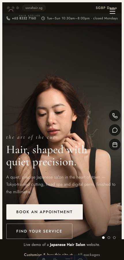 The Sora Japanese salon website on mobile — the full-bleed hero and book CTA at 430px