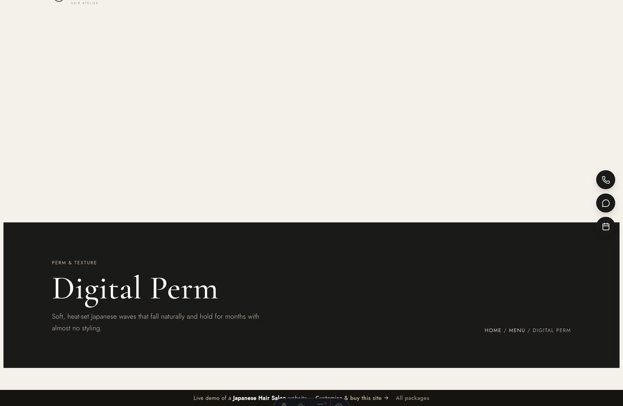 A service detail page on the Sora demo — a dark banner with a left-aligned title and right breadcrumb, and a centered editorial article