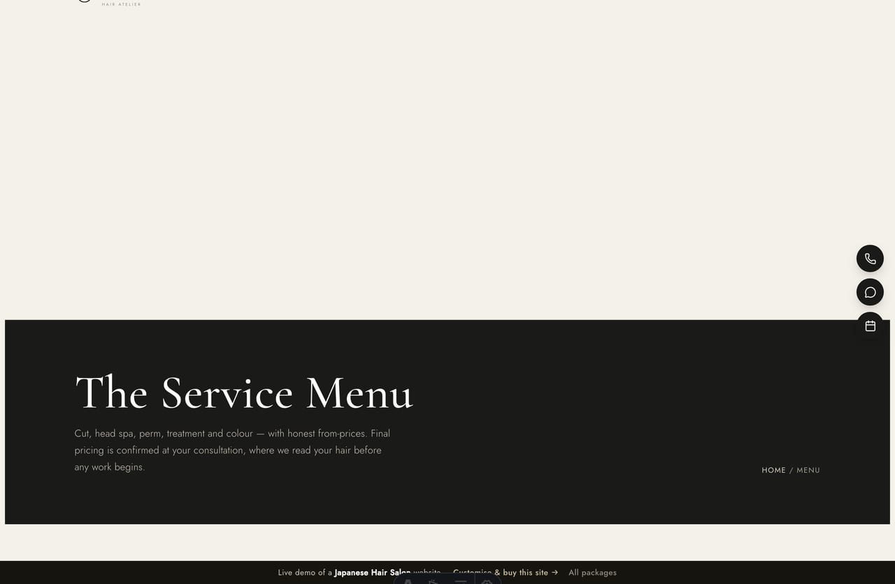 Service menu page on the Sora demo — a price-list of cut, head spa, perm, treatment and colour grouped by category