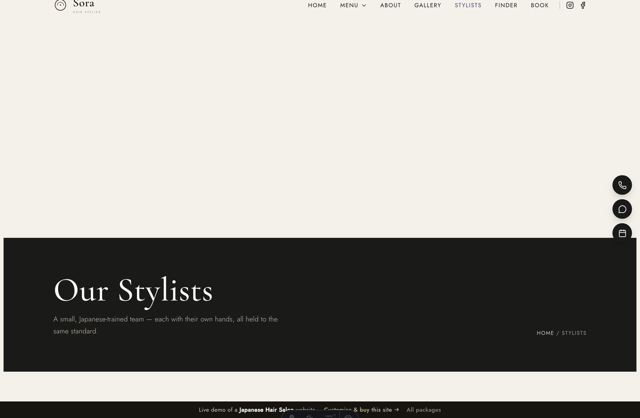 The stylists page on the Sora demo — Japanese-trained stylist profiles with portraits, roles and bios, plus a tier explainer