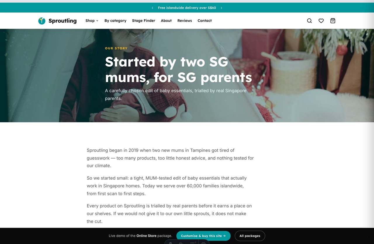 About and brand-story page for a Singapore baby store started by two SG mums