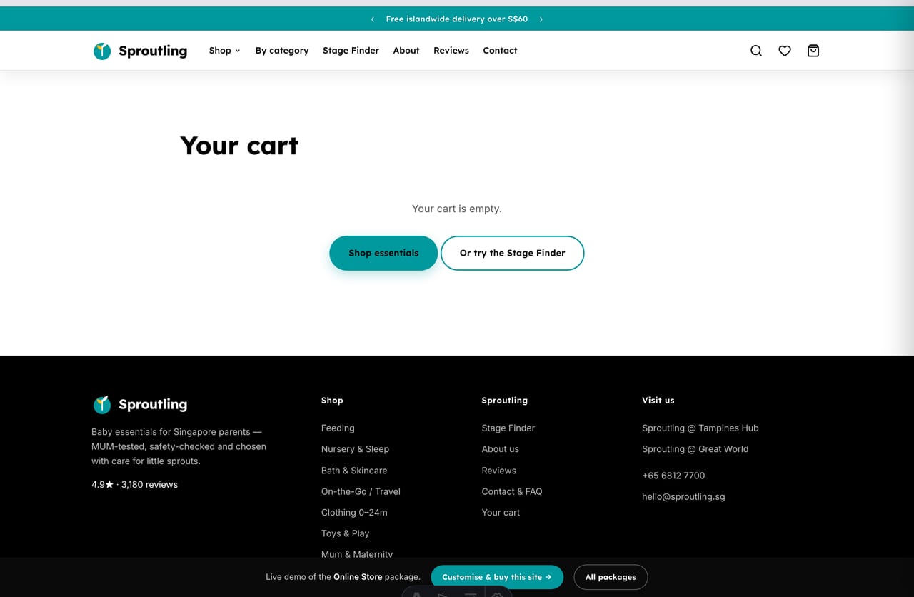 Slide-out cart drawer with a free-islandwide-delivery progress bar on the Singapore baby store