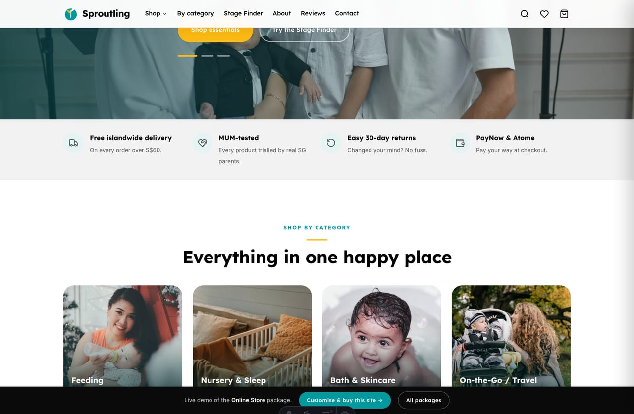 Shop-by-category tiles for a Singapore baby store — feeding, nursery & sleep, bath, travel, clothing, toys and maternity