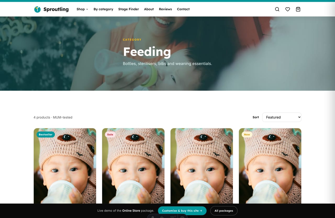 Nursery & sleep collection page with product filtering on the Singapore baby store demo