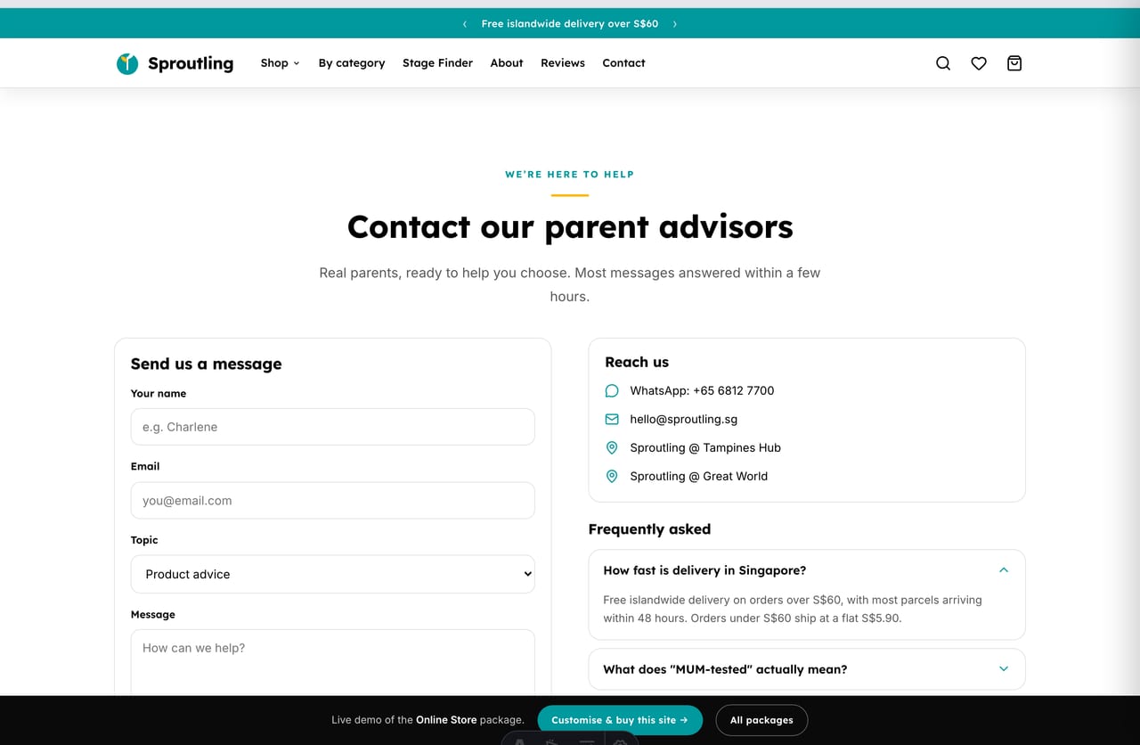 Contact, store-location and WhatsApp page on the Sproutling baby store demo