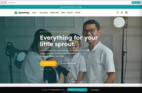 Sproutling baby & kids online store homepage demo — playful hero, rotating announcement bar and islandwide-delivery promise (Singapore)