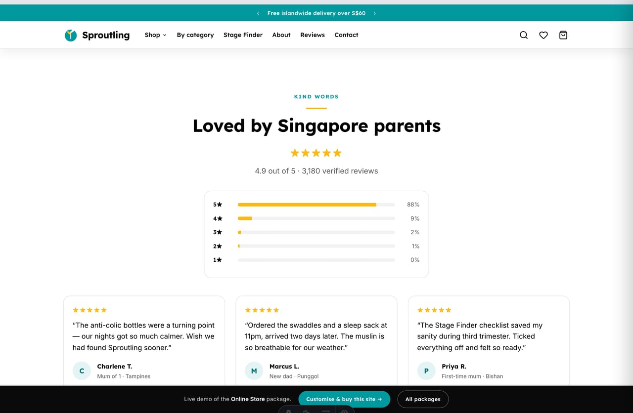 Singapore parent reviews and star ratings on the Sproutling baby & kids store website