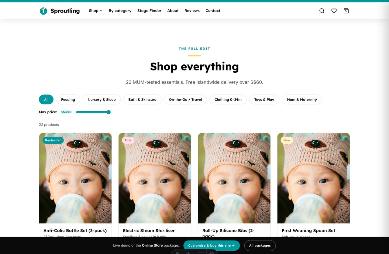 Baby & kids shop page with filterable product grid, quick-add and SGD pricing