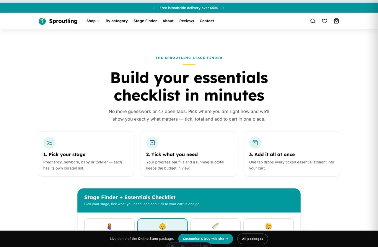 Interactive Stage Finder and Essentials Checklist tool on the Sproutling Singapore baby store
