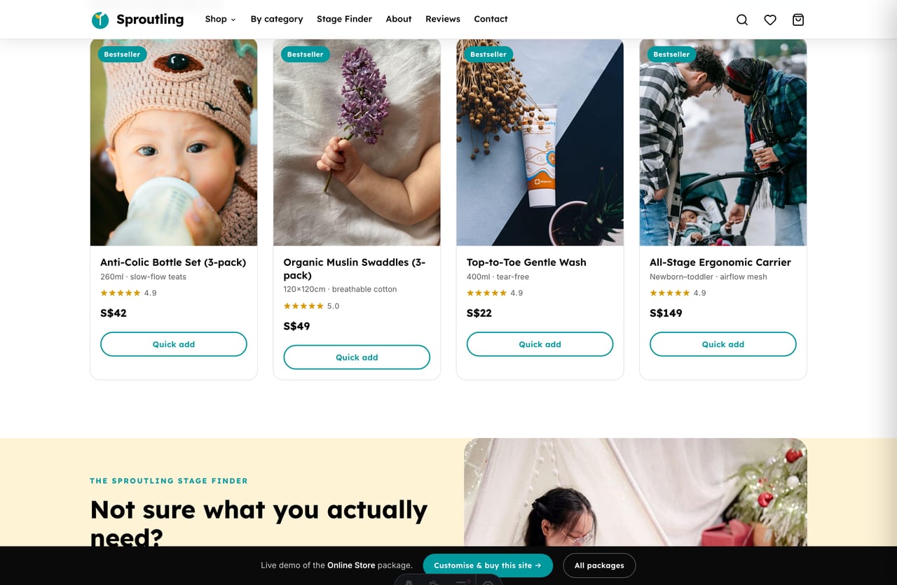 MUM-tested trust and safety-checked assurance strip on a Singapore baby store homepage