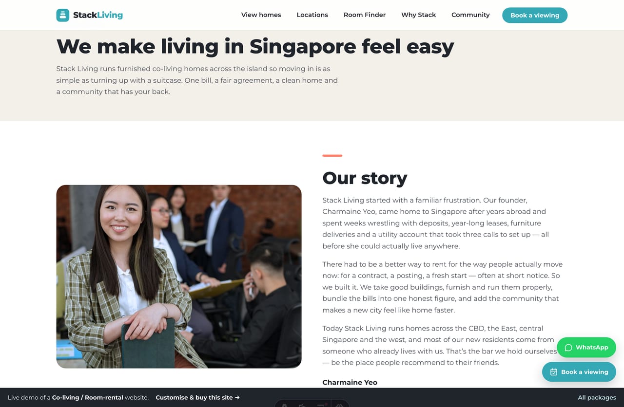 About / founder story page on the Stack Living co-living website