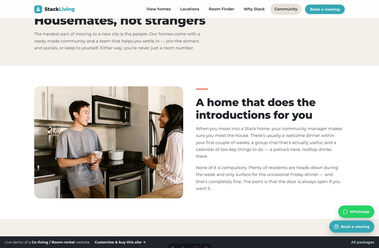 Community and perks page on a co-living website in Singapore